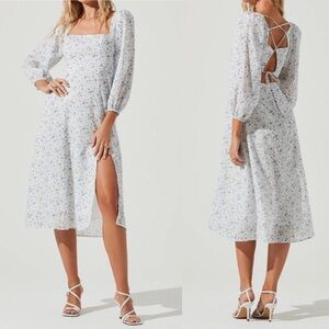 ASTR Dress Women Small Midi Linen Blend Blouson Sleeve Lined Ditsy Floral Blue